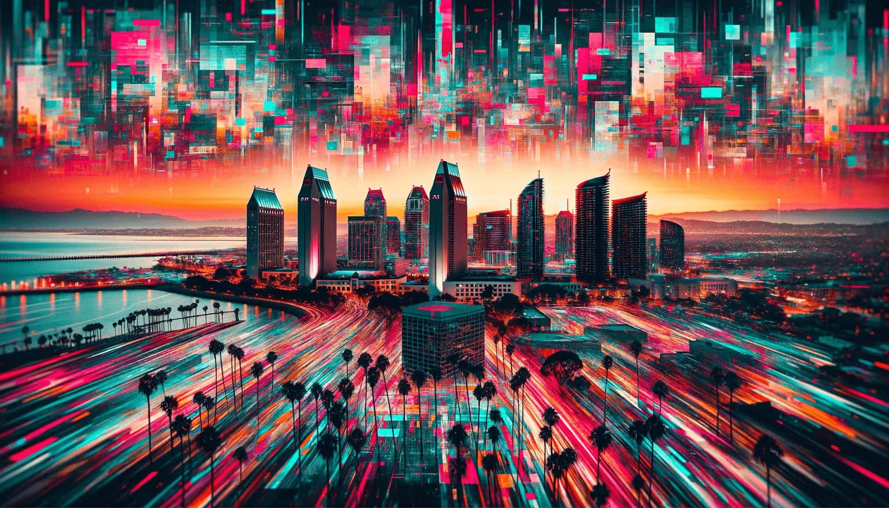 Glitch art, AI-generated depiction of the San Diego Skyline