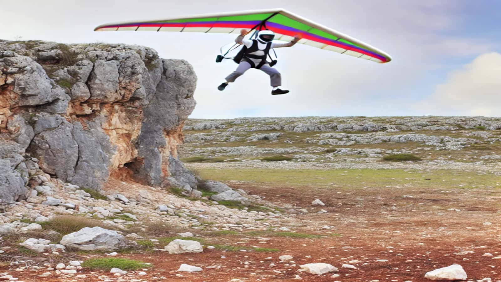 An AI-generated image of a hang gliding man jumping off of a very short cliff